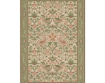 William Morris Inspired Area Rug: Green Floral Bird Design