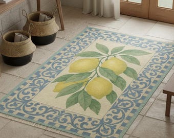 Tapete de Cozinha Mediterrâneo com Estampa de Limões | Tapete Decorativo com Borda Azul e Design de Frutas | Tapete Amarelo Vibrante com Estampa Botânica para Decoração de Cozinha 276