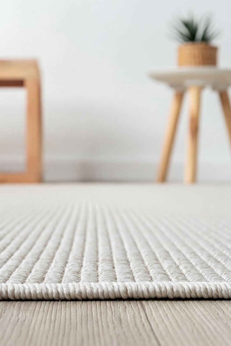a white woven rug on a wooden floor, with a small wooden stool and a plant in a basket in the background.