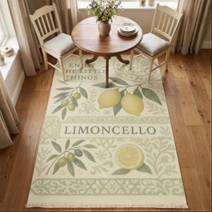 Limoncello Lemon Kitchen Rug, Sage Cream Olive Branch Quote Botanical Tile Print