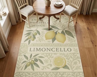 Limoncello Lemon Kitchen Rug, Sage Cream Olive Branch Quote Botanical Tile Print