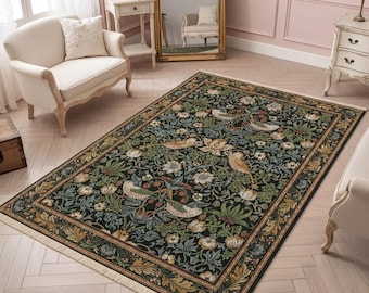 Strawberry Thief Cotton Rug, Dark Green Birds and Botanicals Machine Washable