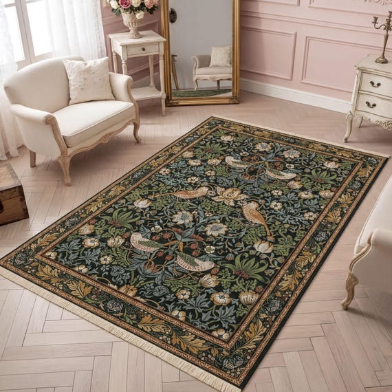Strawberry Thief Cotton Rug, Dark Green Birds and Botanicals Machine Washable