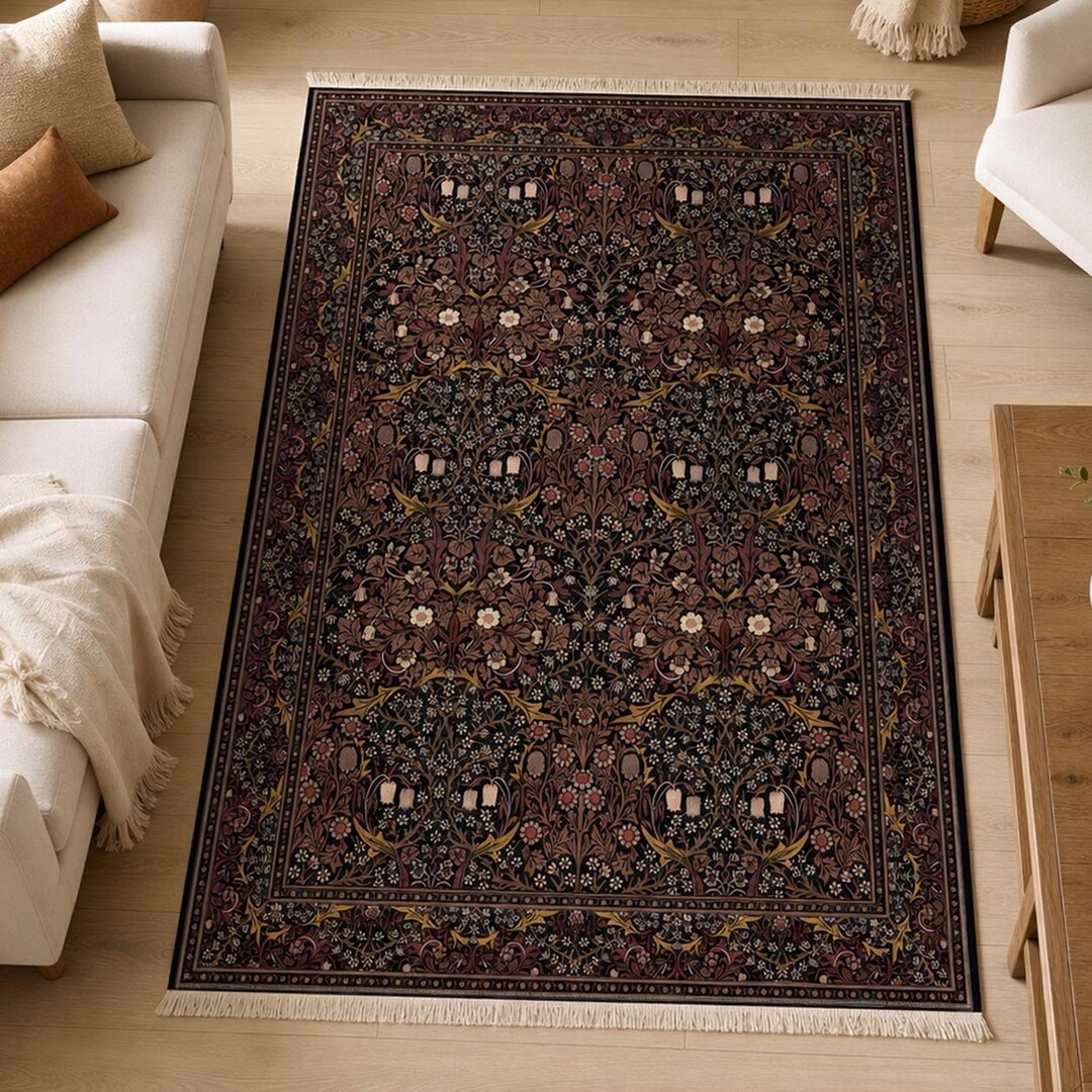 1940 50’s ミズーリ州 アンティークフラッグ 145cm x 85cm William Morris Rug: Dark Floral Vintage Style - Washable, Non-slip