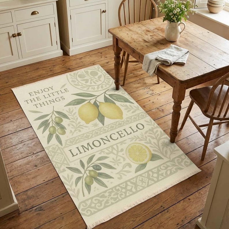 Tapete de cozinha Limoncello Lemon, estampa botânica em azulejo com citação de ramo de oliveira em tons de creme sálvia, decoração de fazenda italiana mediterrânea. imagem 5