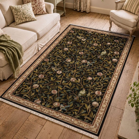Black Botanical Rug, William Morris Bird Pomegranate Vine Print, Dark Cottagecore Decor