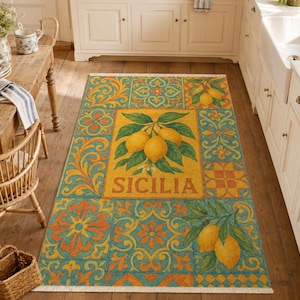 Sizilien Teppich Orange Grün Pastelltöne mit Fliese Bordüre Mediterran Stil Eco Baumwolle Waschbar Haustierfreundlich Langlebig Benutzerdefinierte Matte 275