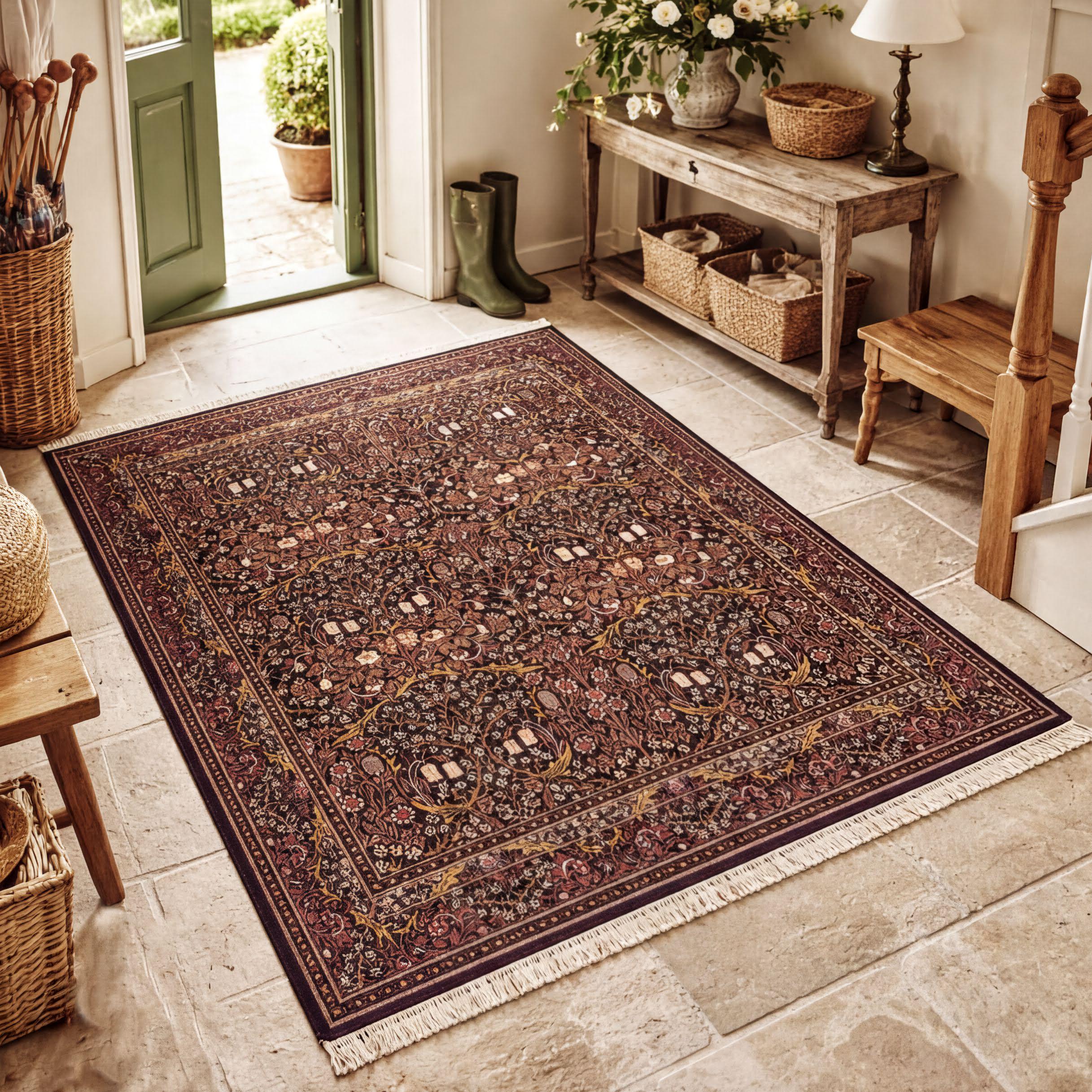 William Morris Rug: Dark Floral Vintage Style - Washable, Non-slip