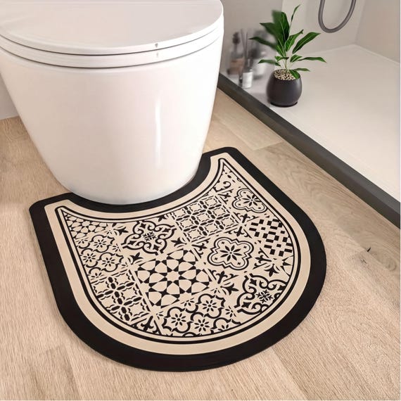 Geometric Ceramic Pattern Bathroom Rug for Toilet Area Non Slip Washable Modern
