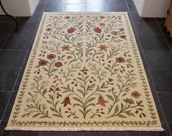 Floral Area Rug: Cream Vintage Botanical Pattern (Washable Cotton)