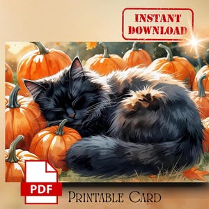 May include: A digital illustration of a black cat sleeping among orange pumpkins. The image has a warm, autumnal feel, with the words "Instant Download" and "Printable Card" displayed. A PDF icon is also present.