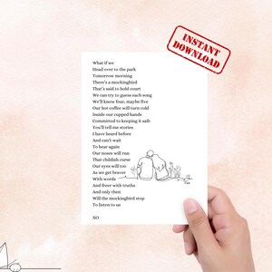 Una poesia unica nel suo genere, accuratamente realizzata e tradotta in un biglietto d'auguri PDF scaricabile all'istante da 5 x 7 pollici, nella speranza di innescare conversazioni più profonde.