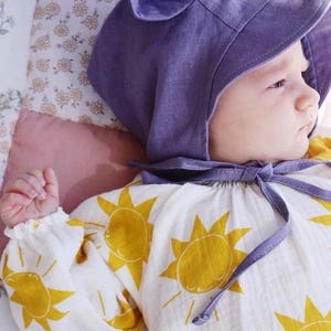 Lilac Baby Linen Bonnet with Bear Ears / Sun Hat / Kids Hat / Toddler Hat / Newborn Hat / Baby Headwear / Bonnet with Ears / Linen Hat