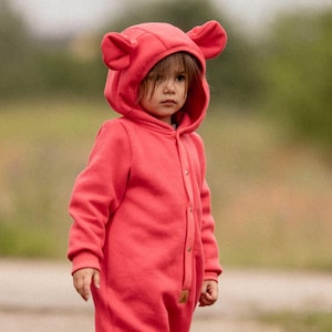 Coral baby Overall with ears, Pink toddler outfit, Kids jumpsuit, Gift for girl, teddy cotton romper, grow with me baby clothes
