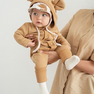 Mustard Baby Romper with Teddy Bear Ears - Comfortable Toddler Outfit - Kids Spring Jumpsuit