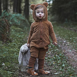 Baby Romper Fuzzy Bear in Mustard – Plush Jumpsuit with Eared Hood – Kids Teddy Bear Costume
