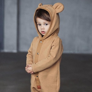 Baby Jumpsuit with Ears – Mustard Teddy Romper – Cozy Baby Outfit