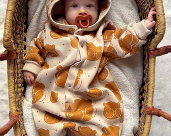 Baby Strampler mit Ohren Kapuze / Mitwachsend / Geschenk Geburt / Baumwolle Unisex