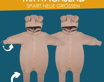 Mitwachsender Baby Overall mit Ohren– Verstellbarer Strampler – Baumwolle OEKO-TEX Standard 100 – Babyanzug mit Kapuze – Geschenk zur Geburt