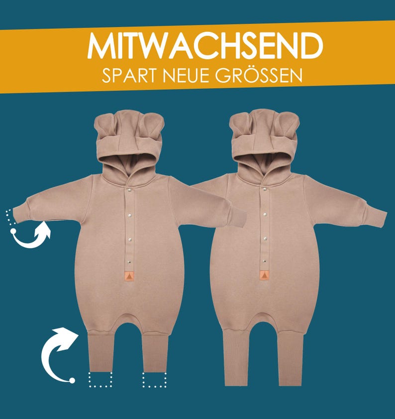 May include: Two tan-colored baby onesies with bear-shaped hoods. Each onesie has a button-up front and a small orange triangle label. The image includes the text "MITWACHSEND" and "SPART NEUE GR&Ouml;SSEN" in white letters on a yellow banner.