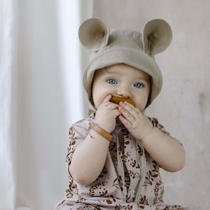 Biege Baby Linen Bonnet with Bear Ears / Sun Hat / Kids Hat / Toddler Hat / Newborn Hat / Baby Headwear / Bonnet with Ears / Linen Hat