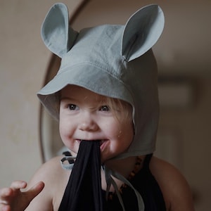 Grey Baby Linen Bonnet with Bear Ears / Sun Hat / Kids Hat / Toddler Hat / Newborn Hat / Baby Headwear / Bonnet with Ears / Linen Hat