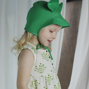 Green Baby Linen Bonnet with Bear Ears / Sun Hat / Kids Hat / Toddler Hat / Newborn Hat / Baby Headwear / Bonnet with Ears / Linen Hat