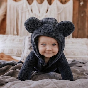 Baby Jumpsuit with Ears in Graphite Color made of Fuzzy Fabric