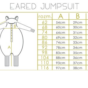 May include: Diagram of an eared jumpsuit with measurements in centimeters. The jumpsuit outline is in black, with dimensions labeled A, B, and C. A size chart lists sizes from 62 to 116, with corresponding measurements.