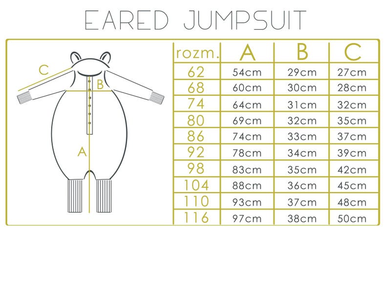 May include: Diagram of an eared jumpsuit with measurements in centimeters. The jumpsuit outline is in black, with dimensions labeled A, B, and C. A size chart lists sizes from 62 to 116, with corresponding measurements.