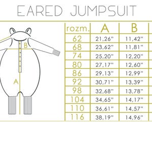 May include: Diagram of an eared jumpsuit with measurements in inches. The chart shows sizes from 62 to 116, with corresponding measurements for A, B, and C. The jumpsuit design is illustrated in a simple line drawing.