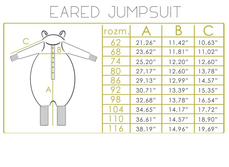 May include: Diagram of an eared jumpsuit with measurements in inches. The chart shows sizes from 62 to 116, with corresponding measurements for A, B, and C. The jumpsuit design is illustrated in a simple line drawing.