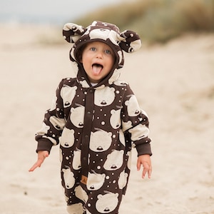 Polar Bear on Chocolate Eared Baby Jumpsuit / Romper / Baby Suit / Newborn Overall / Bodysuit / Baby Autumn Outwear with Ears
