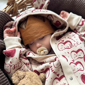 May include: A sleeping baby wearing a beige hooded onesie with a red apple pattern and a brown crown. The baby is in a woven basket with a teddy bear and a pacifier.