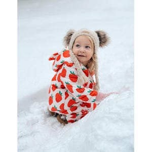 Winter Baby Romper with Strawberry Print & Bear Ears / Cozy Hooded Snowsuit / Baby Suit / Newborn Overall / Baby Outwear with Ears