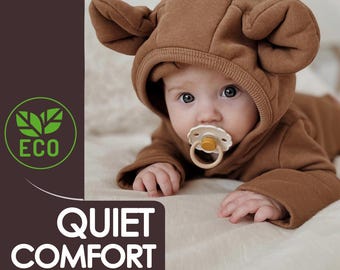 Coffee Brown Baby Overall – Soft Knit Hooded Jumpsuit – Cozy Minimal Baby Outfit