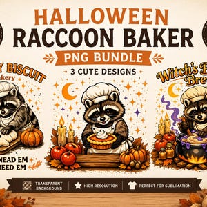 Halloween Raccoon PNG Bundle, Cute Baker Clipart, Spooky Bakery Sublimation, Fall PNG Designs, Digital Download