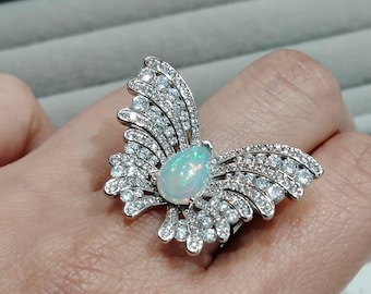 Sterling Silber Opal Schmetterling Ring, Zirkonia Akzente, einstellbare Größe