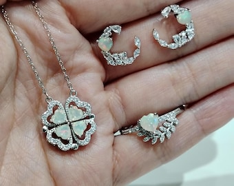 Sterling Silber Opal Klee Herz Schmuck-Set, magnetische Verwandelbare Halskette, Ring, Ohrringe