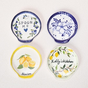 Custom Ceramic Spoon Rest Personalized Handmade Blue White Floral Yellow Lemon Oliva Fruit Spoon Holder Soap Rest Handpainted Kitchenware