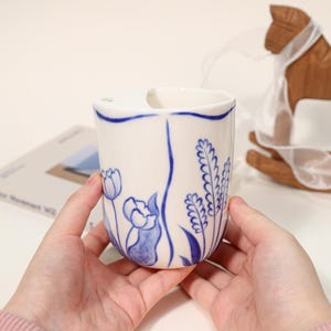 Blue and White Ceramic Travel Mug Hand Painted Floral Tulip Coffee Tumbler Pottery Tea Cup Eco Friendly Reusable Office Decor Gift for Her