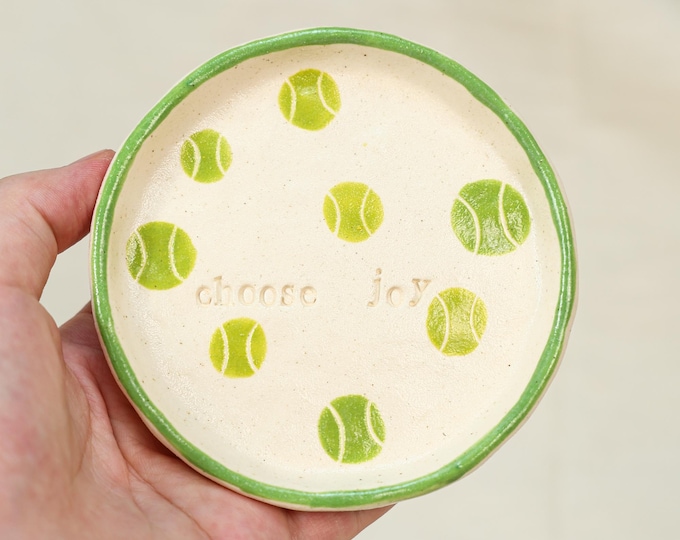 Handmade Ceramic Tray Tennis Ball Green Choose Joy Text Plate Jewelry Dish Sport Lover Gift Ring Holder Coach Gift Fun Office Decor Mom Gift