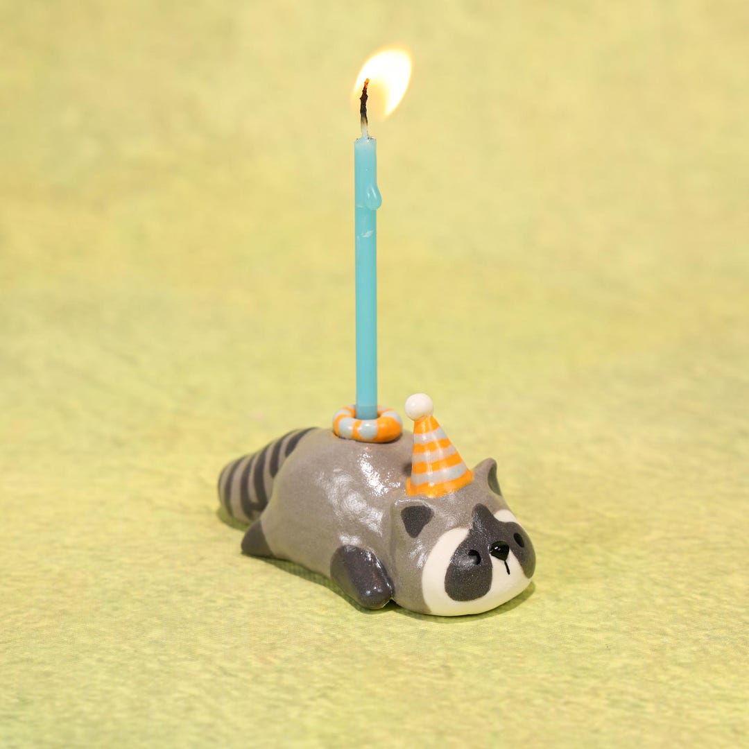 Lazy Topper Lazy Raccoon Cake Topper Cute Gray Animal Clay Handmade Birthday Candle ...