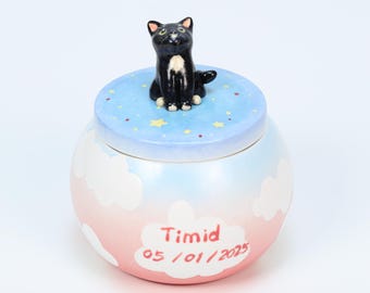 Aangepaste Cloud keramische huisdier urn gepersonaliseerde blauwe hemel roze kattenurn handgemaakte huisdier verlies aandenken handgeschilderd hond beeldje Memorial aardewerk urn