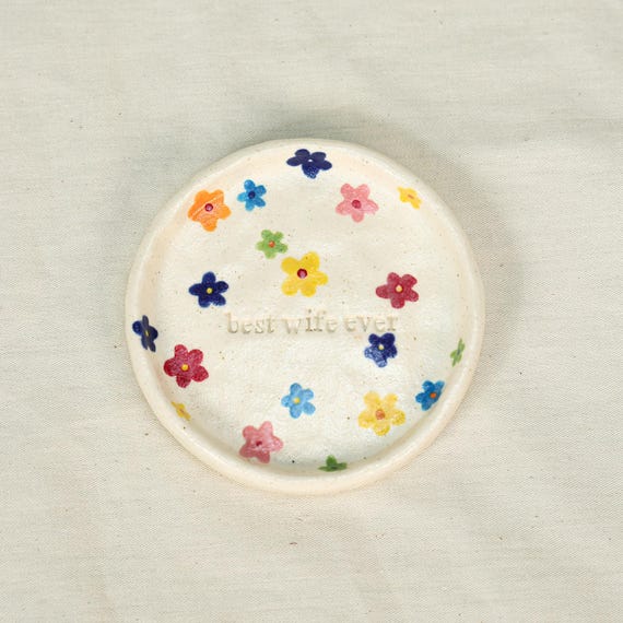 Custom Multicolored Flowers Ceramic Ring Dish Holder Personalized Handmade Floral Trinket Dish Handpainted Colorful Jewelry Dish Mom Gift