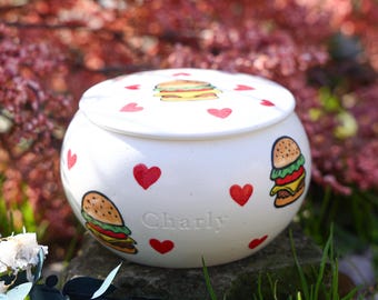 Custom Hamburger Red Hearts Pet Urn Personalized Dog Ashes Jar Whimsical Cheeseburger Ceramic Memorial Box Name Handmade Pottery