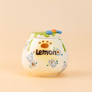 Handemade Ceramic Pet Urn Forget me not Cat Urn Colorful Dog urn Custom name Pottery Jar Lemon-inspired Ceramic Jar with Playful Troppings