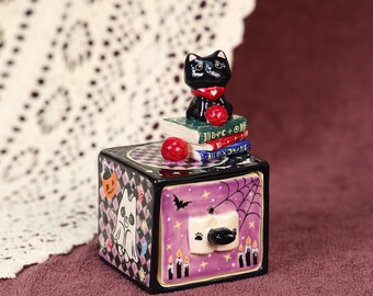 Boîte à bijoux Halloween chat noir fait main livre en céramique araignée fantôme citrouille boîte de rangement décorative peinte à la main violet mignon kitty décoration d'intérieur