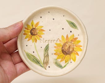 Benutzerdefinierte Sonnenblume Ring Schale personalisierte Cottagecore Keramik Ringschale Natur Löffel Rest Benutzerdefinierte Sonnenblume Illustration Einzigartige Schmuckhalter