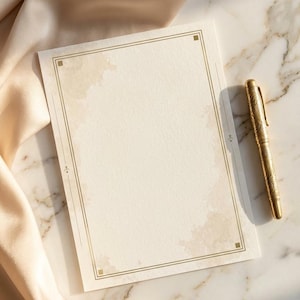 Könnte beinhalten: Elfenbein-farbenes Briefpapier mit goldenem Rand und Aquarellakzenten, kombiniert mit einem goldenen Stift. Der Stift hat ein verziertes Design. Das Briefpapier liegt auf einer Marmoroberfläche mit Satin.